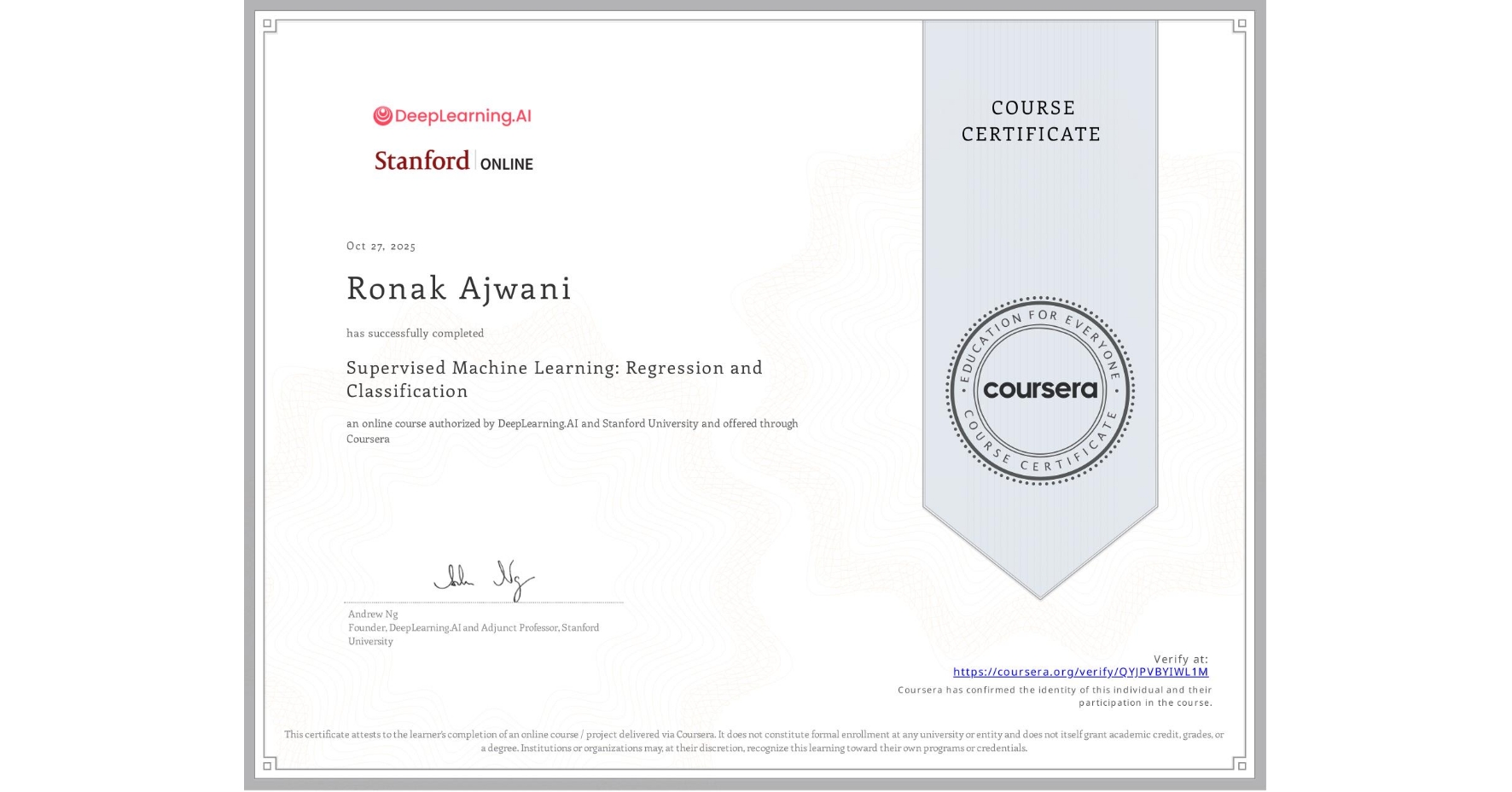 Supervised Machine Learning: Regression and Classification certificate