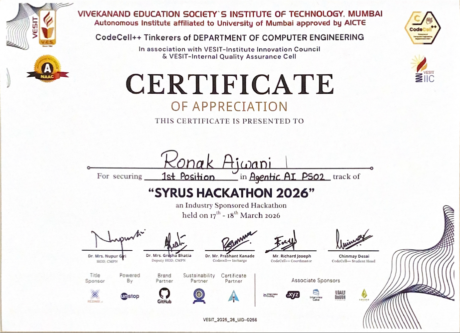 Syrus Hackathon 2026: 1st Place in Agentic AI certificate