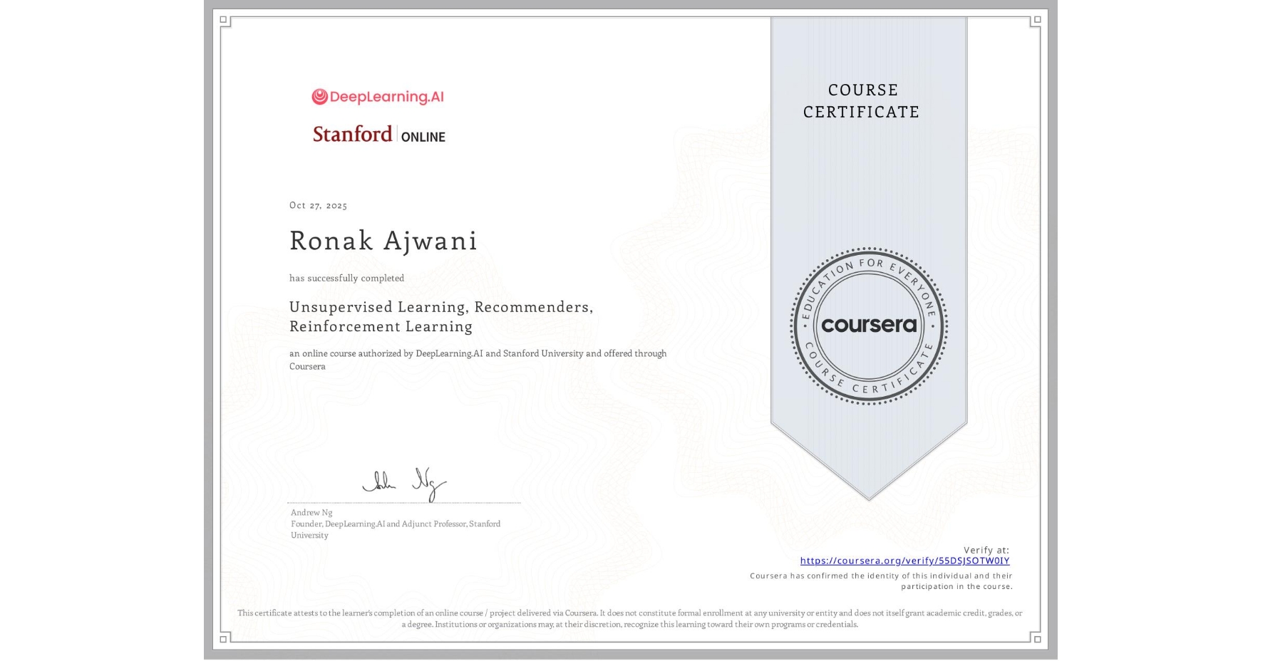 Unsupervised Learning, Recommenders, Reinforcement Learning certificate